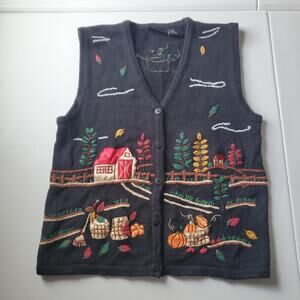 Vintage Sweater Vest Womens Medium  Fall Pumpkin Embroidered Beaded Harvest
